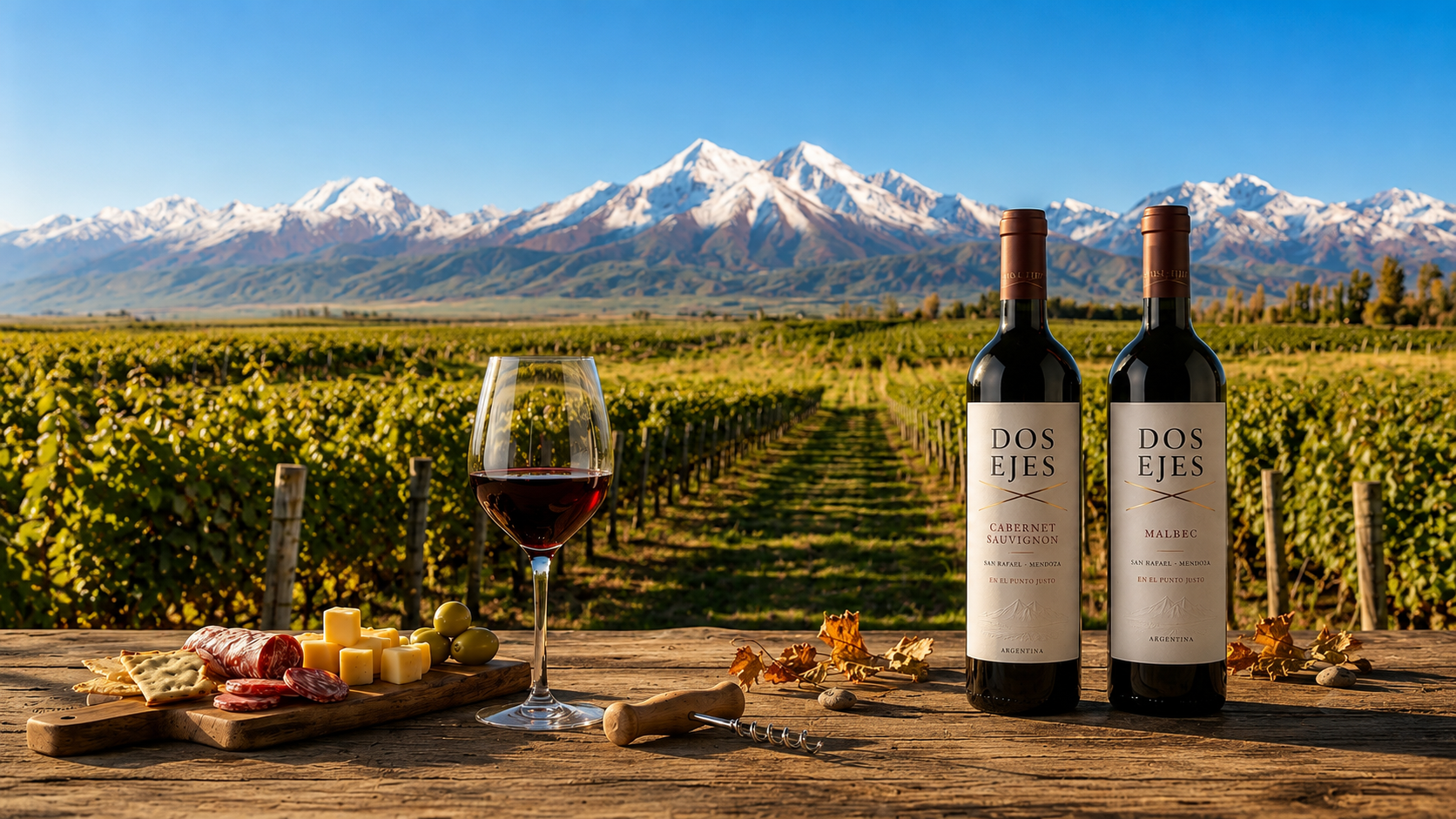Viñedos Dos Ejes con la Cordillera de los Andes al fondo